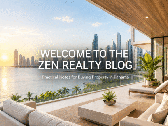 Panama City skyline and waterfront terrace at sunset for the Zen Realty blog