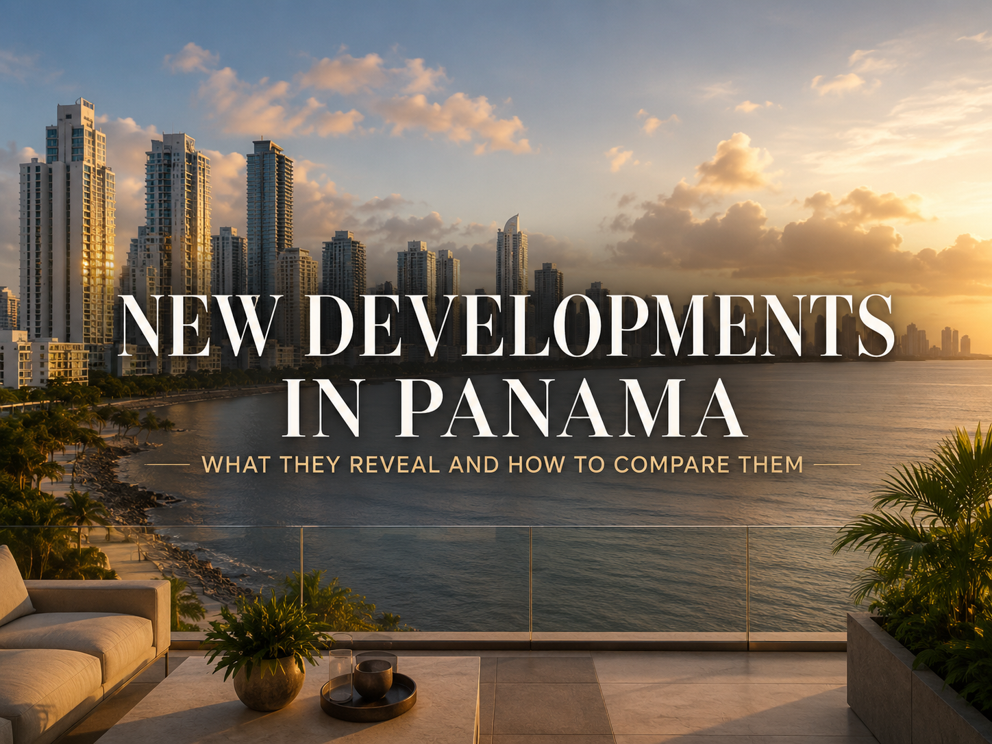 Panama City skyline with modern residential towers and waterfront views at golden hour