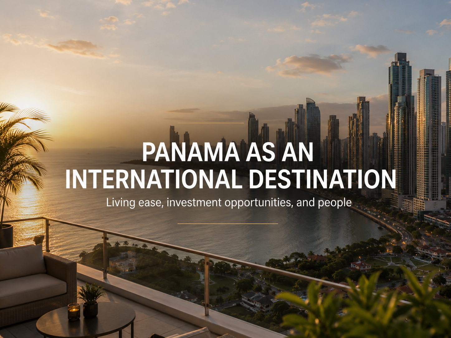 Panama City skyline and bay at golden hour